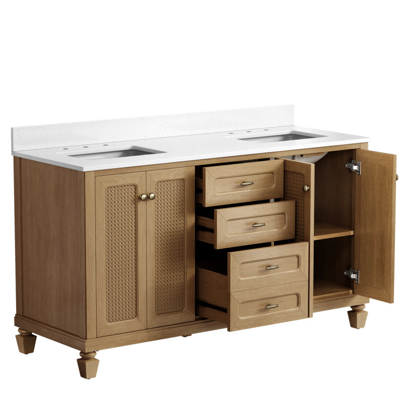 Meuble-lavabo double 60 po avec comptoir en marbre d'ingénierie, lavabo en céramique, dosseret, 60", Brun