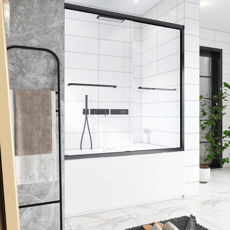 Cadre en aluminium coulissant double l 56 à 60 po x H 60 po avec porte de baignoire en verre trempé et poignée en acier inoxydable