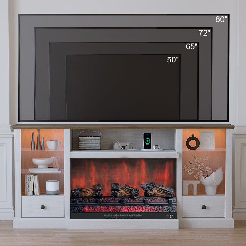Electric Fireplaces 59" TV Stands with Charging Station for TVs Up To 80'', Wooden LED Entertainment Centers With Electric Fireplaces & Multi-functions Console Tables