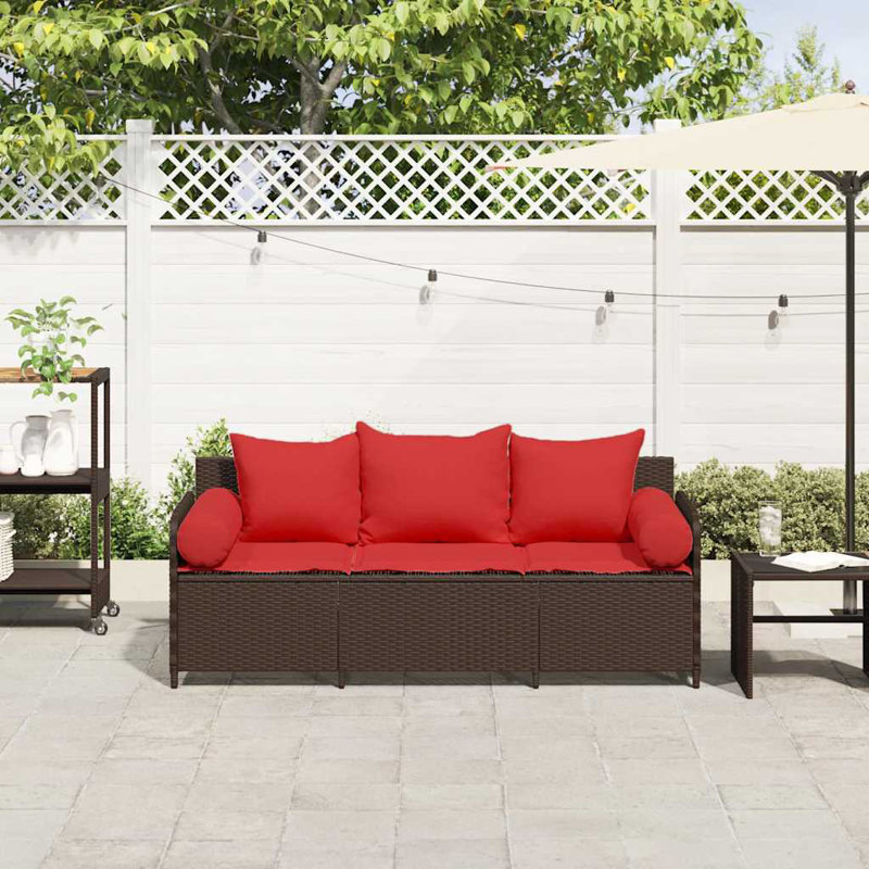 Patio Sofa With Cushions 3-Seater Poly Rattan, Red, Brown