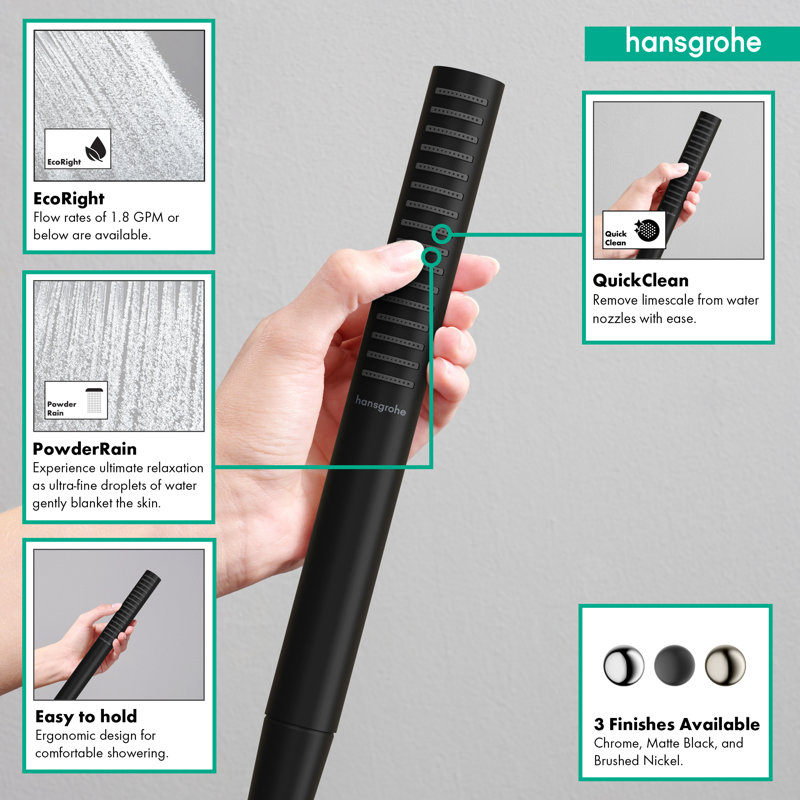 hansgrohe Pulsify S Baton Handshower 100 1-Jet, 1.75 GPM, 2.5 GPM, Matte Black