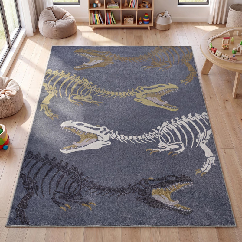 Kingdarr T-Rex Modern Kids Machine-Washable Rug, Rectangle 4' x 6', Navy/Multi