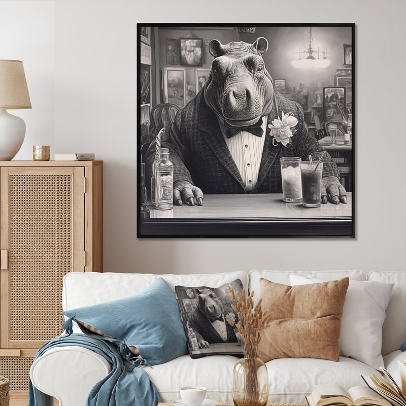 «Rhino Have A Drink II» sur toile, H 16 po x l 16 po x P 1 po, Cadre flottant noir