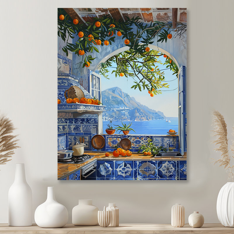 Fenêtre vue de la mer méditerranée cuisine oranges I - cuisine, art mural, H 32 po x l 16 po x P 1 po, Métal métal