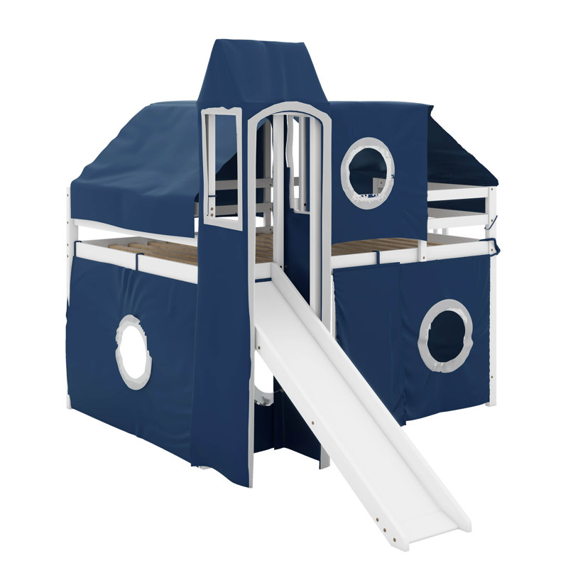 Lit mezzanine double avec tente et tour, Bleu