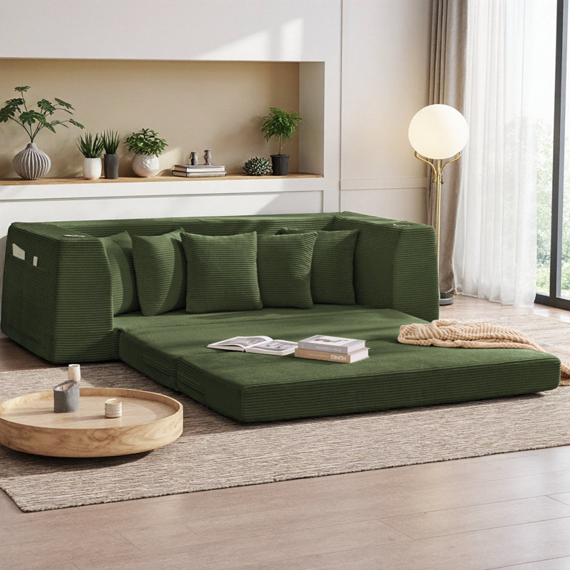Canapé-lit 82,25 po convertible 2-en-1 avec 5 coussins, poches latérales et porte-gobelets, aucun assemblage requis, pour le salon, les petits espaces