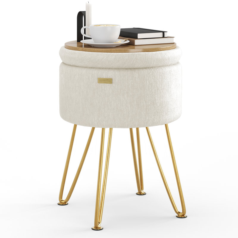 Modern Round Storage Ottoman Side Table, Gold, White Velvet