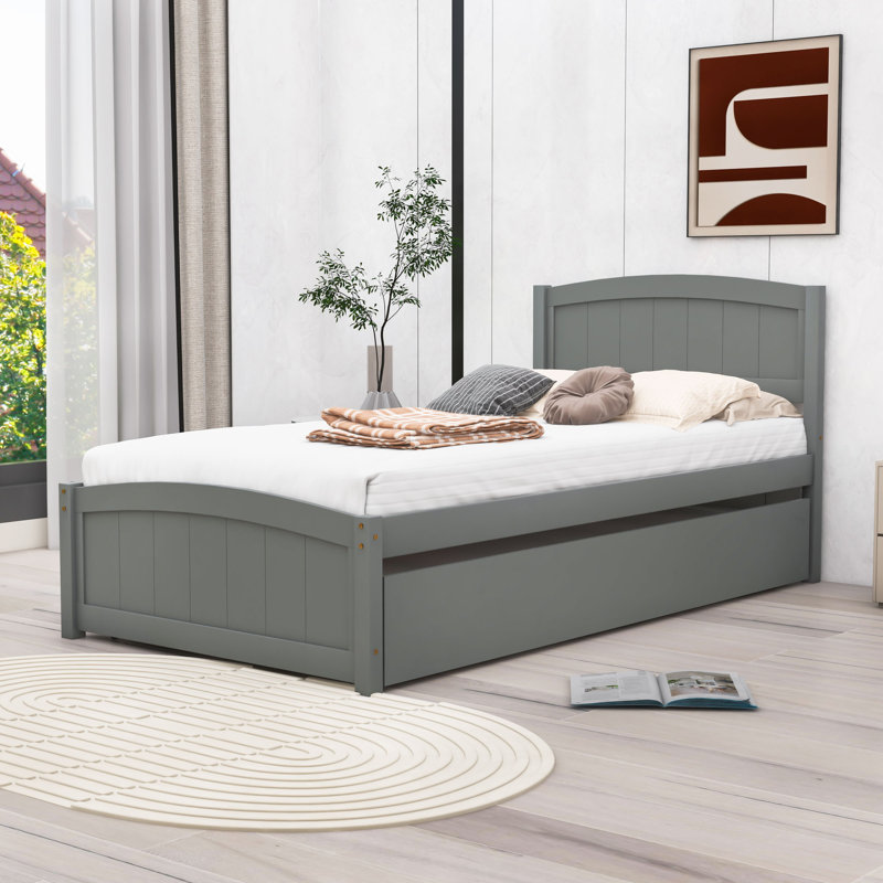 Twin Size Wooden Platform Bed With Trundle, Gray
