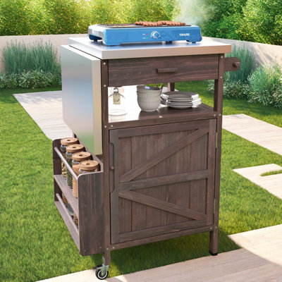 Outdoor Rolling Grill Cart With Stainless Steel Top, Drop Leaf, One Drawer, Towel Rack, Spice Rack, Metal "s" Hooks And Plastic Garbage Bag Holder