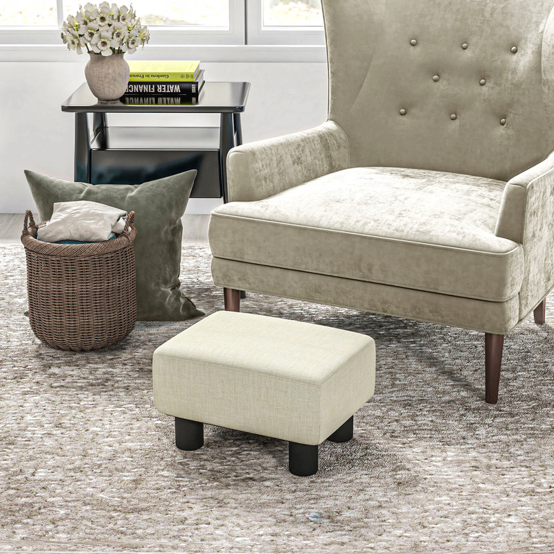 Small Linen Fabric Upholstered Ottoman Foot Rest - Cube Shape With Plastic Legs, Beige