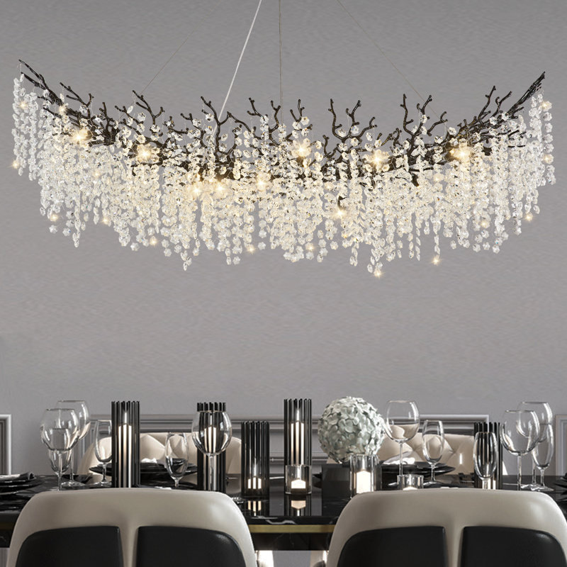 Tree Branch Snow Crystal Chandelier Lighting 47"L, Silver/White