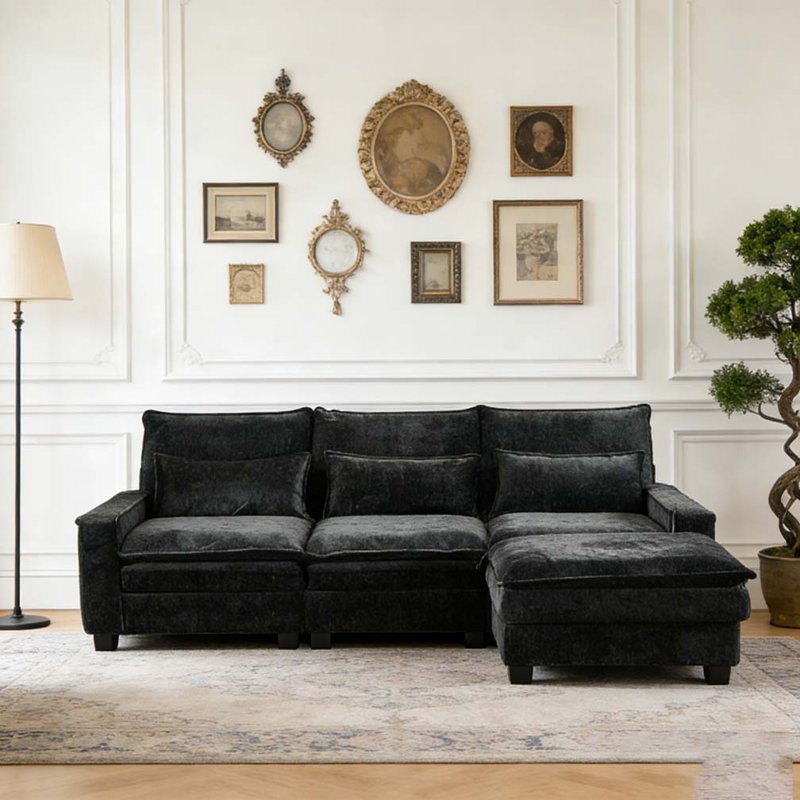 Canapé modulaire profond 99 po en forme de L modulaire Chenille, Noir