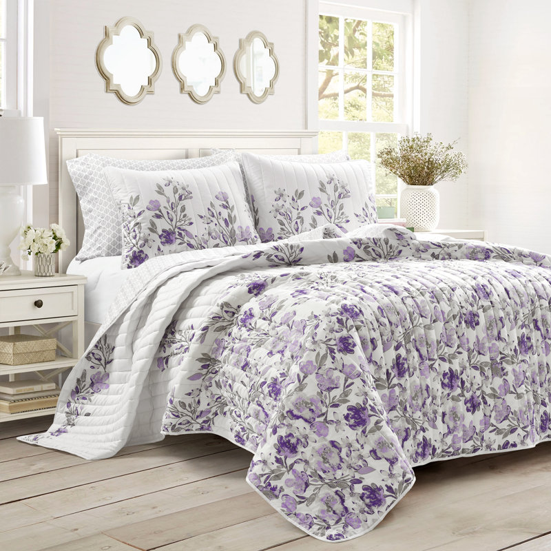 Microfiber Reversible 3 Piece Quilt Set, Queen Quilt + 2 Shams, Gray/Purple