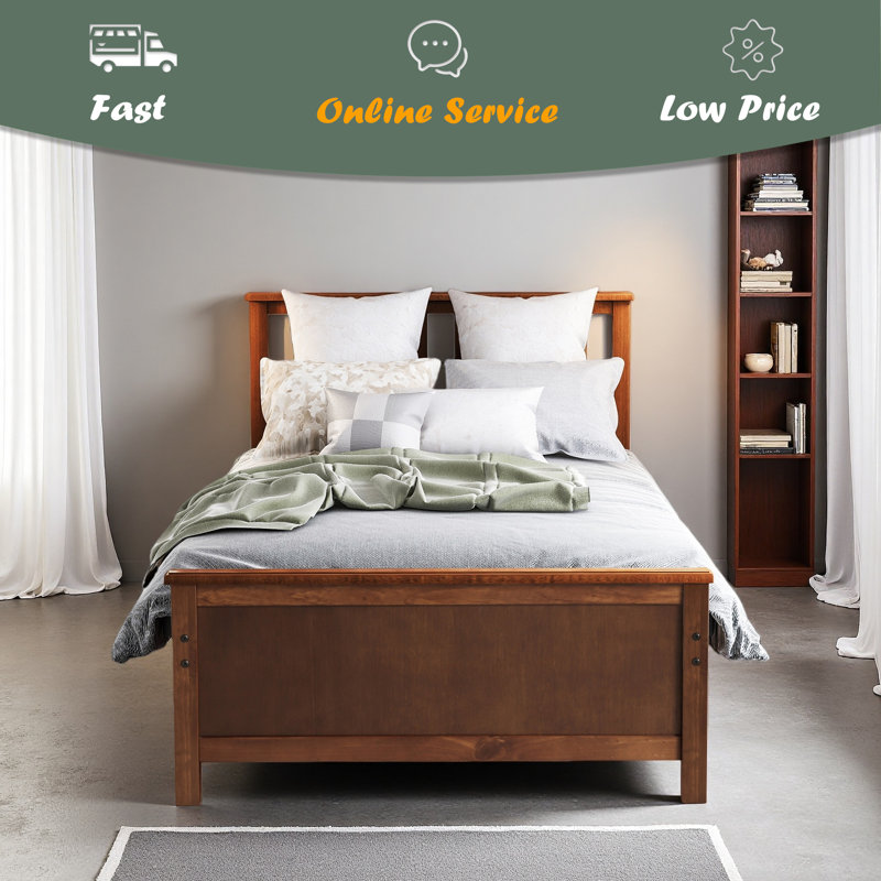 Lit plateforme simple en bois avec tête de lit, pied de lit et lattes en bois, Noyer