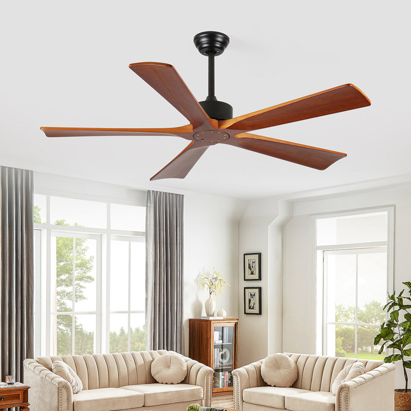 60 Inch Ceiling Fans And Remote, Wood Indoor Outdoor Ceiling Fan For Patios Living Room Bedroom 5 Blades DC Motor Mid Century Modern Wooden Fan