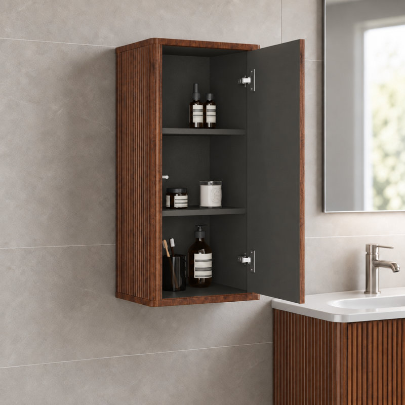 Armoire latérale flottante rayée pour salle de bain, rangement mural pour petits espaces, pré-assemblé et élégant, Noyer