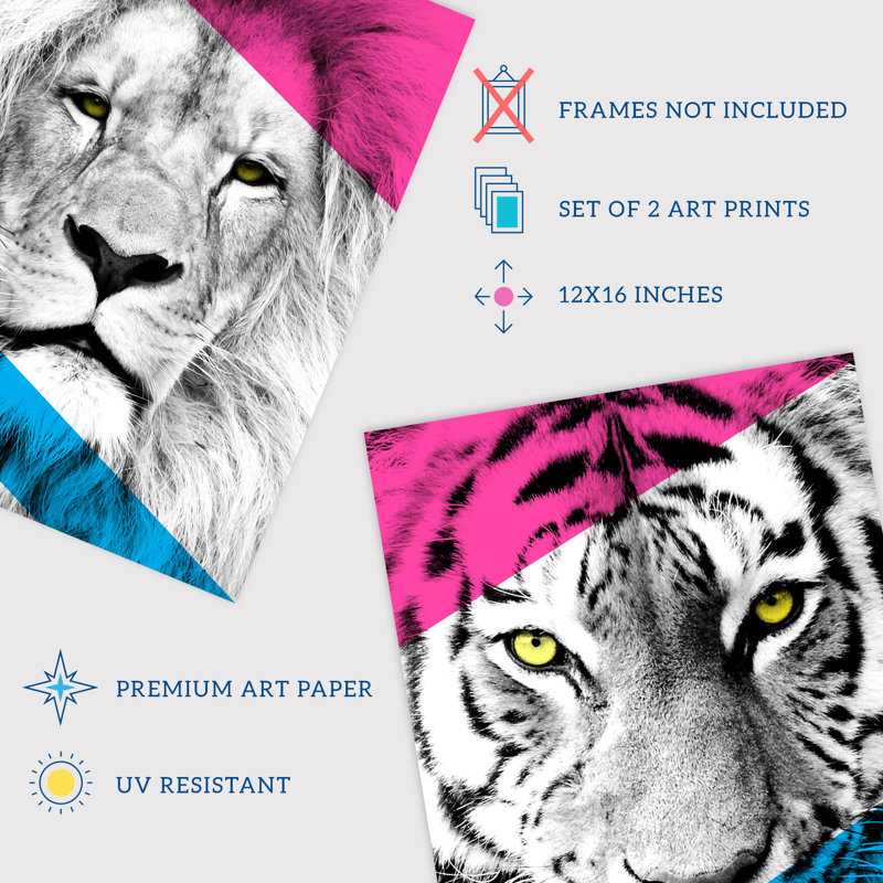 Neon Tiger Lion Vivid Jungle Animal Portrait Bold Geometric - 2 Piece No Frame Print Set, 40.5cm H x 30.5cm W x 0.3cm D