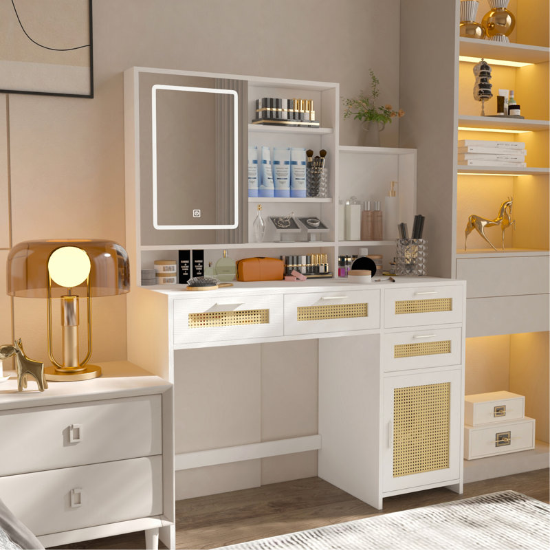 Makeup Vanity With Lights In 3S Openable Mirror,Vanity Desk With 4 Drawers 1 Cabinets Shelves,Vanity Table Rattan Vanity Dresser,For Bedroom