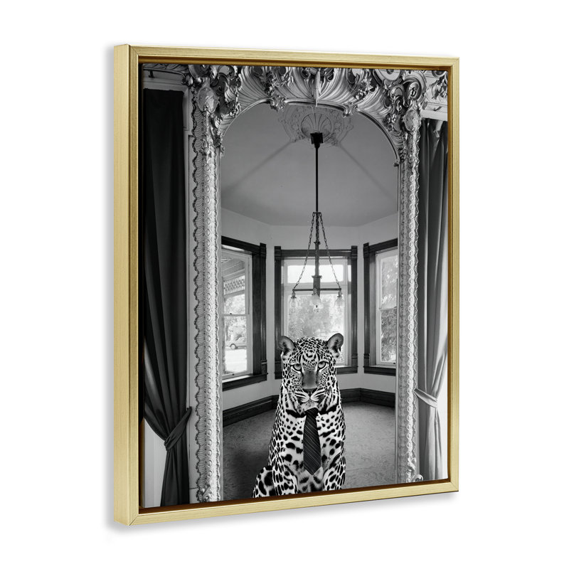 Art mural sur toile flottant tendance, guépard et miroir doré, design par Annabelle Hall, H 21 po x l 17 po