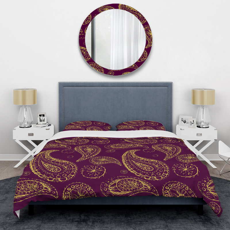 Ensemble de housse de couette à motif cachemire jaune et mauve, Housse de couette pour grand lit et 2 taies décor