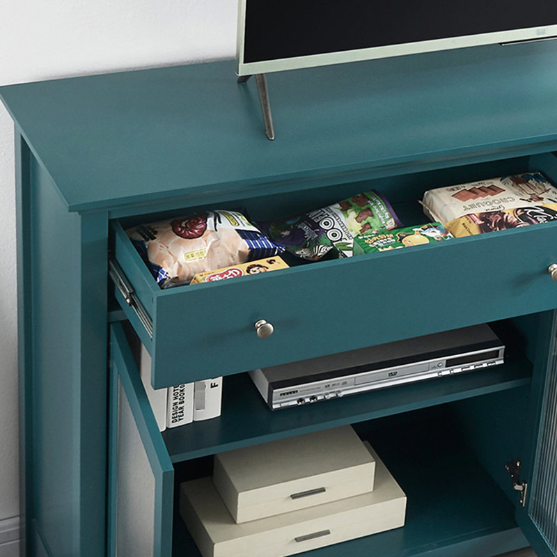 Console avec motif bleu sarcelle. Buffet de rangement, tablettes réglables, buffet télé 65 ", bleu, tablettes et porte vitrée