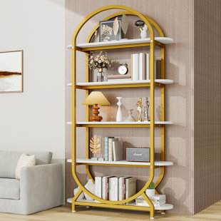 Tall Bookshelf Arched Bookcase, Modern 5-tier Book Shelves With Storage Organizer, Black