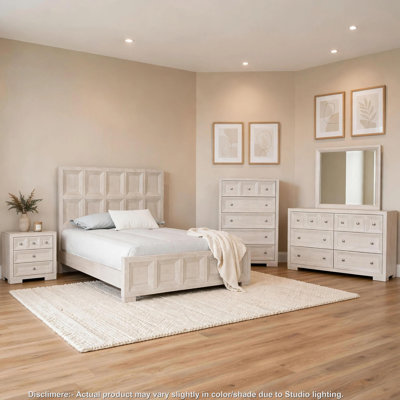 Ensemble de chambre avec grand lit 5 pièces Kizie, table de chevet XL, commode, commode, bois beige
