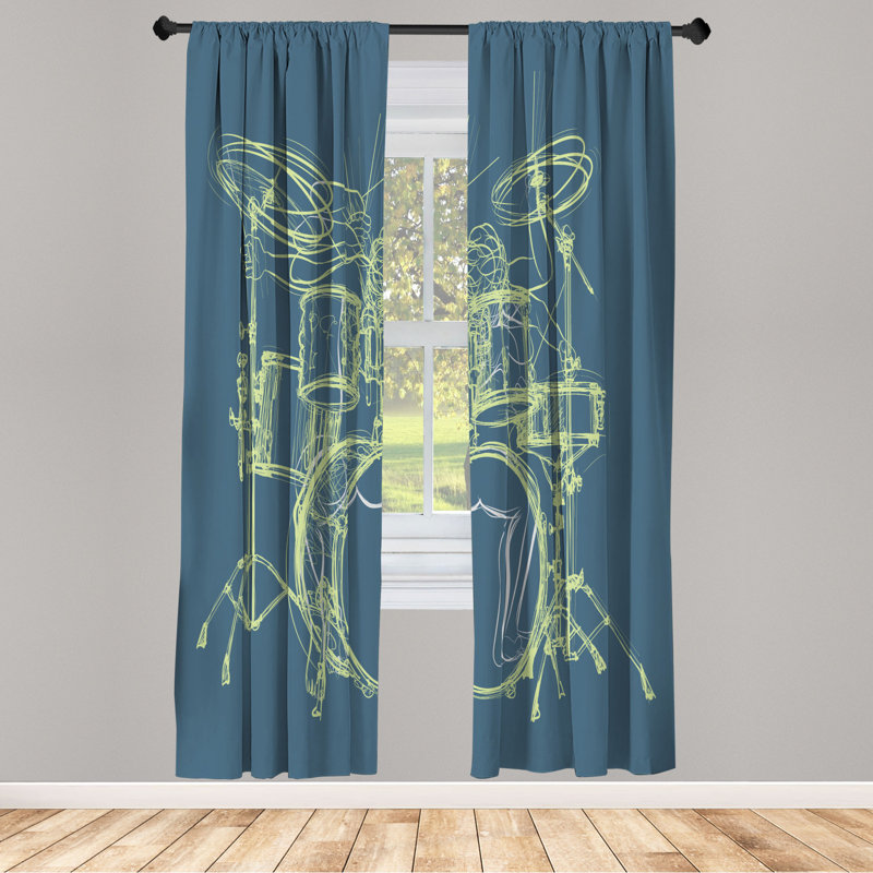 Microfiber Floral Semi-Sheer Rod Pocket Curtain Panels, 28" W x 63" L, Steel Blue/Khaki