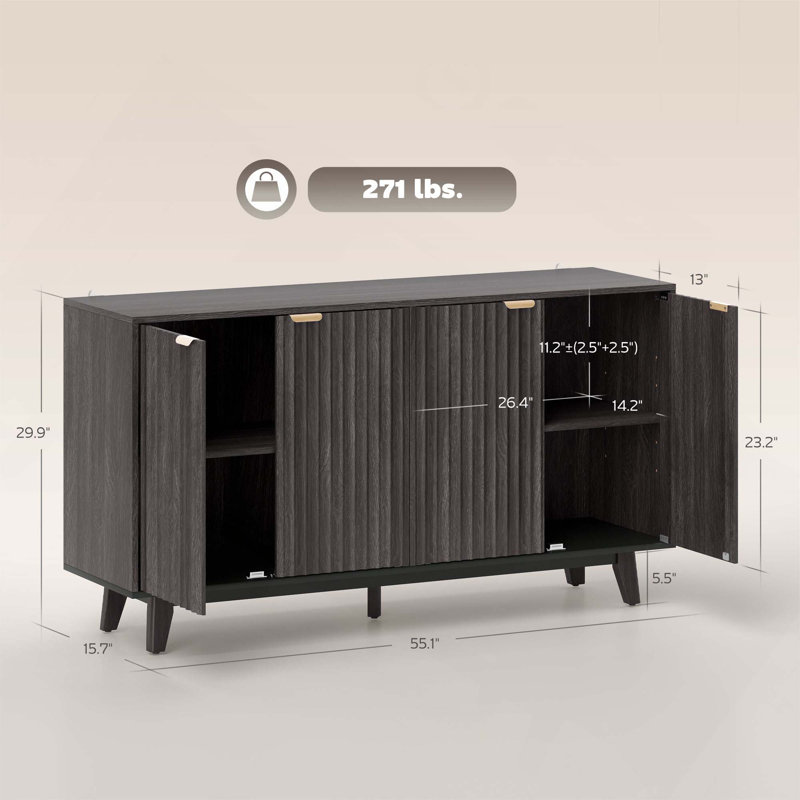 Commode pratique, armoire à buffet cannelée avec portes et tablettes réglables, Gris foncé