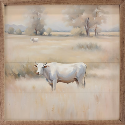 Vache blanche dans un champ brun encadré sur bois