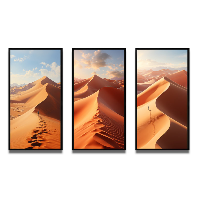 "Sables mystiques égyptiens", 3 pièces sur toile, H 32 po x l 48 po, Cadre noir