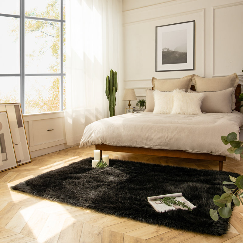 Soft Faux Fur Area Rug Fluffy Shag Decorative  Accent Rug for Bedroom, Rectangle 3' x 5', Black