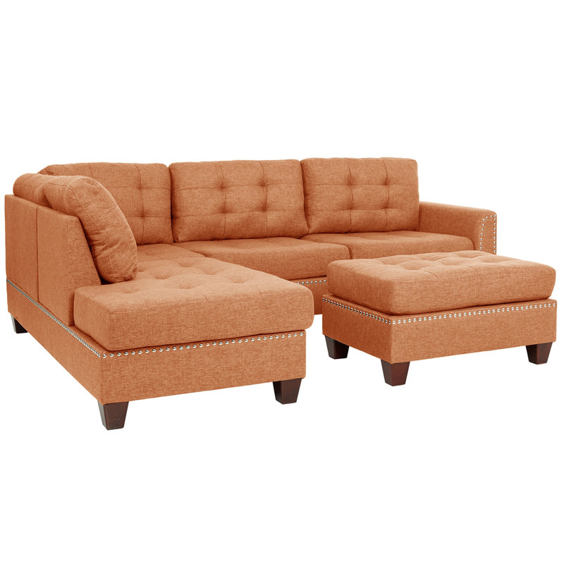 3 Piece Reversible Sectional Sofa Set W/ Ottoman In Coffee Colour, Coffee Fabric