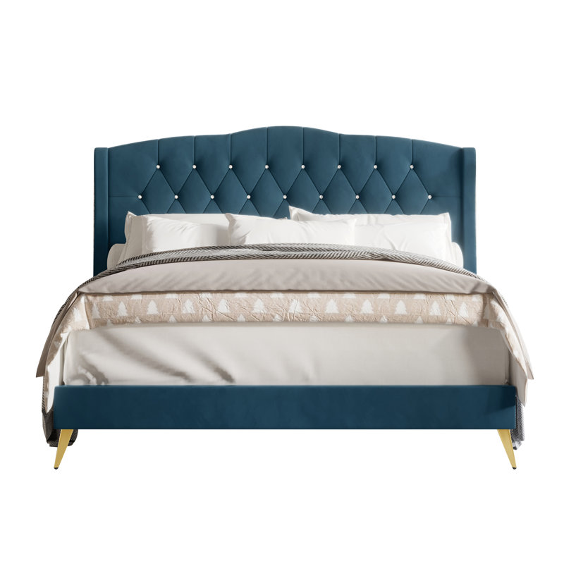 Dwaylon Upholstered Wingback Bed, Navy Blue, King