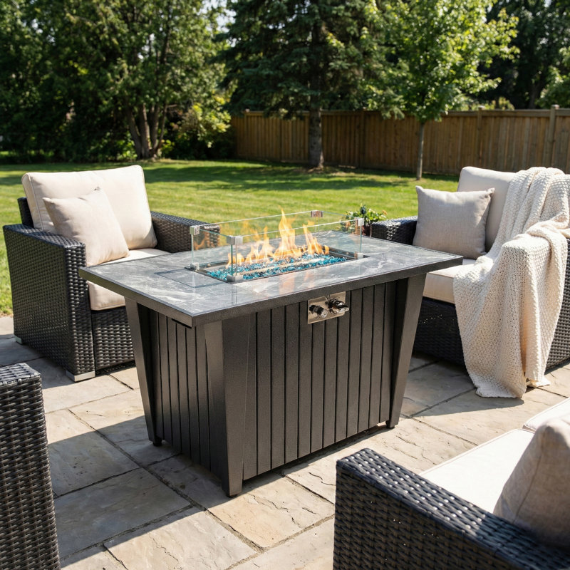 25'' H x 32'' W Raelynn Outdoor Propane Fire Pit Table: Unique Fence Base, Marble Ceramic Tabletop, Glass Wind Guard, Lid, Hideaway Gas Tank Seat, 50,000 BTU