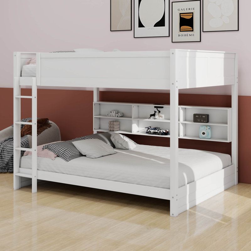 Queen Over Queen Bunk Bed With Storage Cabinets And Charging Station, Wood Bunk Bed With Storage Bookcase Shelves, White