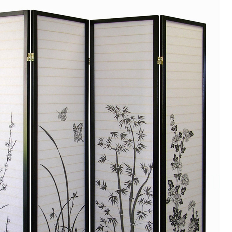 Paravent de 70 po de hauteur à 4 panneaux / paravent à motif floral avec finition noire
