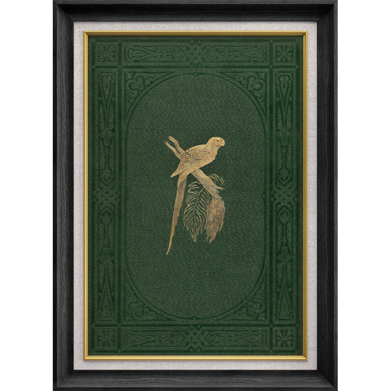 Perroquet doré rétro sur fond ornemental vert foncé - impression d'art sur papier encadrée, H 36 po x l 26 po x P 1,5 po