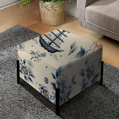 Vintage Floral Nautical Ship Serenity - Coastal Square Ottoman