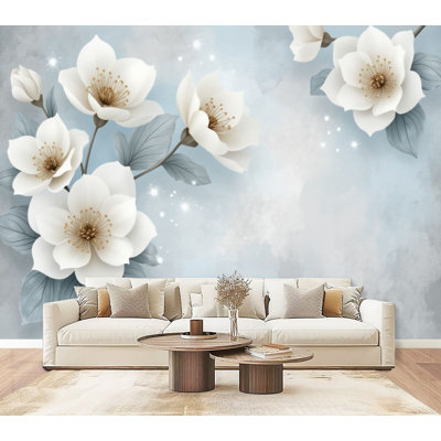 Peel and Stick Wallpaper Elegant White Magnolia Flowers Soft Blue Leaves Textured Wall Murals 69"H x 96"W Removable PVC Wall Paper Self-Adhesive Wall Decor for Bedroom Living Room Home Office
