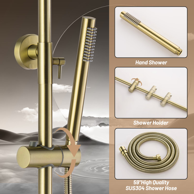 Brushed Gold Adjustable Rain Shower System with Handheld
