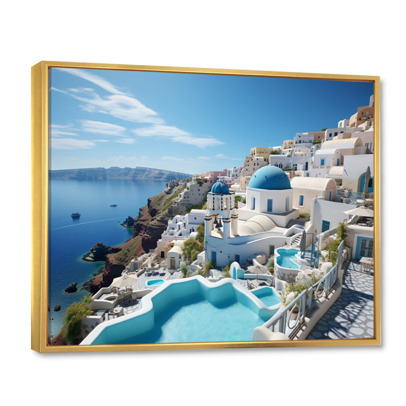 Grèce «Santorini Dreams I», art mural grand de Grèce, H 16 po x l 32 po x P 1 po, Cadre flottant doré