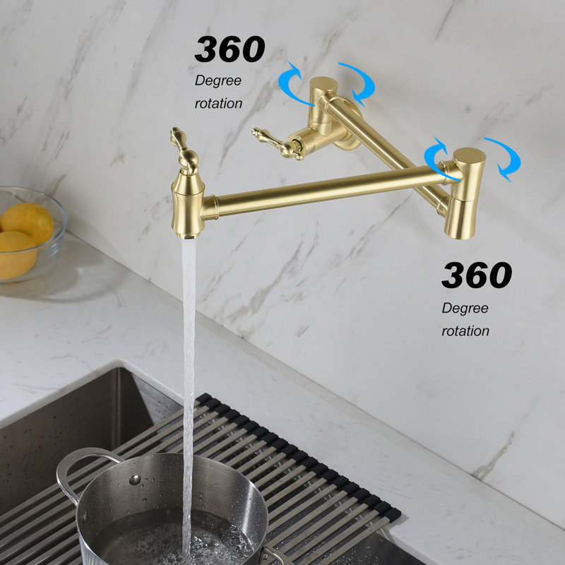 Wall Mount Folding Kitchen Pot Filler Faucet, Brushed Gold