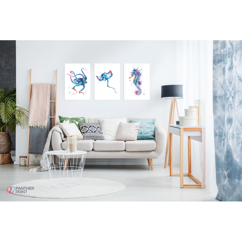 Octopus, Seahorse, And Stingray Bathroom - 3 Piece No Frame Print Set, 42cm H x 29.7cm W