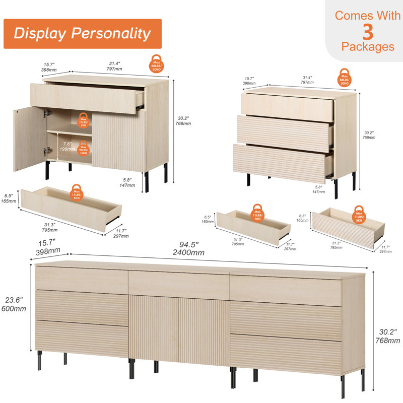 Aadham 94.5" Modern Reeded 7-Drawer Accent Cabinet For Bedroom, Minimalist Chest Of Drawers With Storage, Wooden Cabinet For Living Room, Bedroom, Entryway