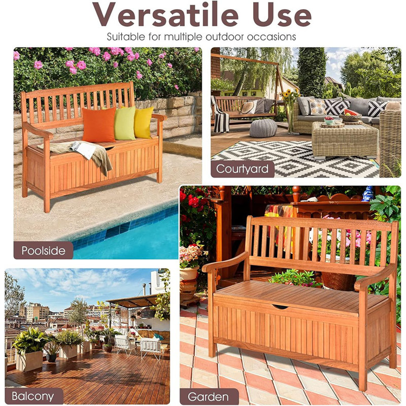 Banc de rangement extérieur en bois avec doublure amovible anti-poussière, coffre de terrasse de 33 gallons, causeuse pour cour, jardin ou bord de piscine
