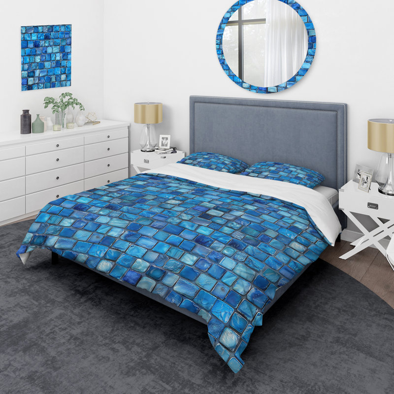 Blue Modern Mosaic Tiles III - Ensemble de housse de couette moderne, Housse de couette simple et deux taies décorative