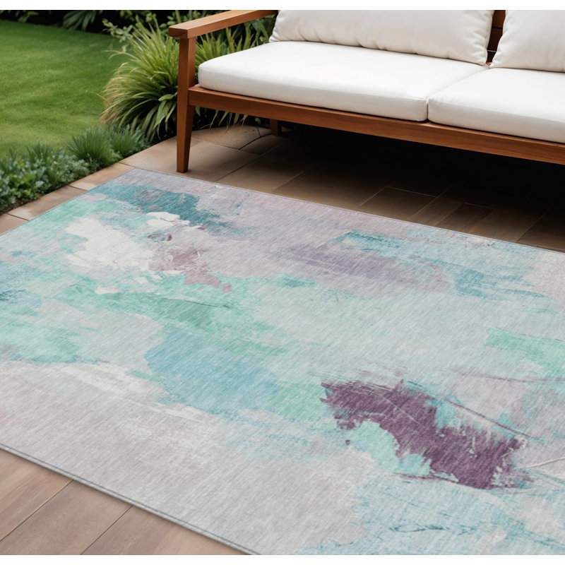 Tapis intérieur/extérieur lavable, à motifs abstraits bleu sarcelle et lavande, 3 m x 4,2 m