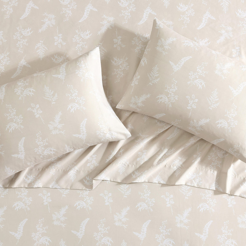 Beige Foliage Print Full Microfiber Sheet Set