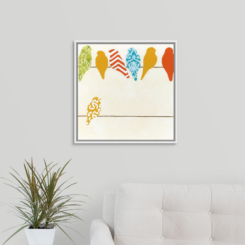 «Patterned Birds I» par The Novogratz - peinture sur toile, H 20 po x l 20 po x P 1,25 po, Cadre flottant blanc